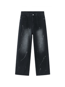 Pantalon blanc lavé noir peint à la bombe rétro décontracté mode de rue populaire personnalisé hommes jean Baggy droite coupe ample - Product Image 4