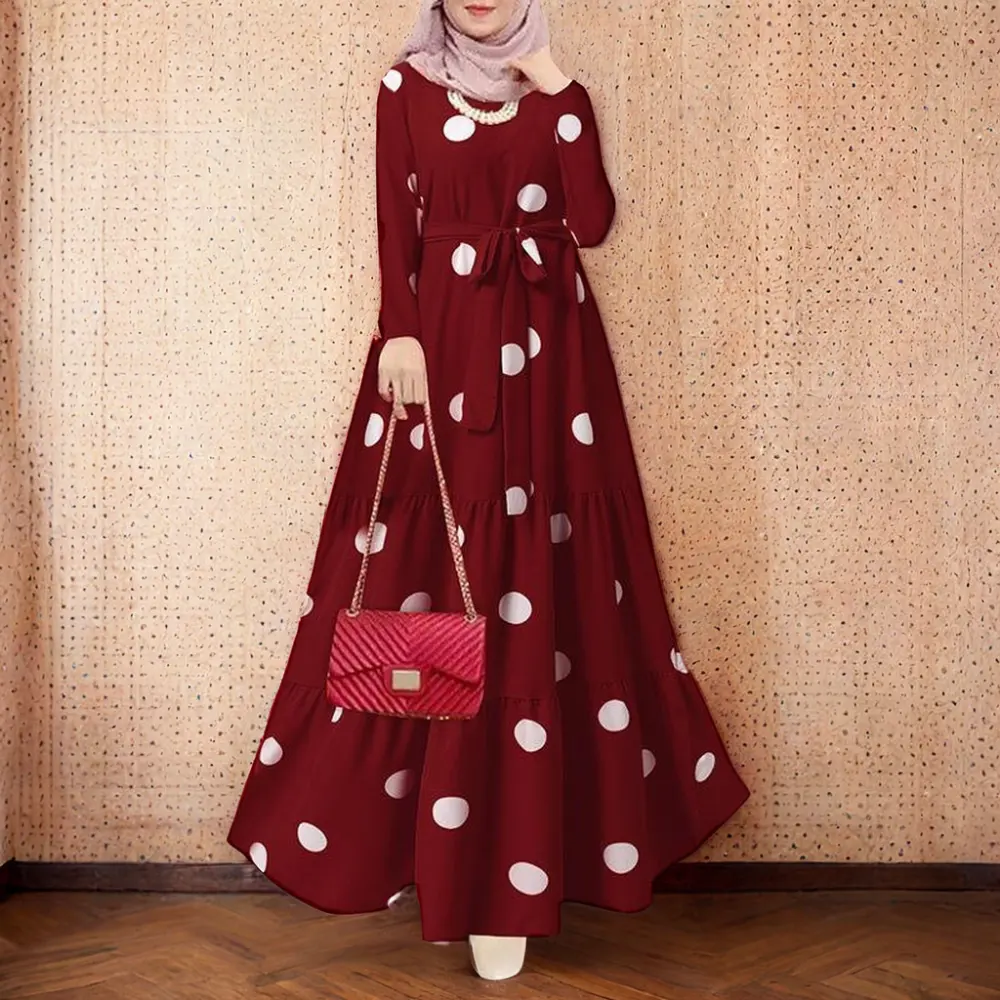 Vestido feminino vintage com bolinhas para o Ramadã, vestido de poliéster respirável para adultos, roupa islâmica muçulmana, YWQS