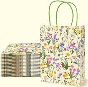Sacs en papier de haute qualité à motif floral avec poignées, pour cadeaux, friandises, bonbons, pour les anniversaires d'enfants, les fêtes de printemps - Product Image 1