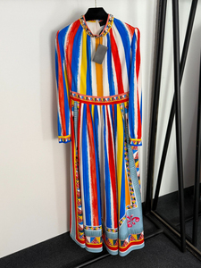 Nuovo abito da <span class=keywords><strong>donna</strong></span> a maniche lunghe con colletto di diamanti a righe Color-Block stampato stringe vita - Product Image 1