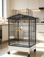 Cage à oiseaux rectangulaire noire en acier inoxydable avec roulettes, accès par le haut, perchoirs en bois, mangeoires, design classique pour oiseaux de taille moyenne