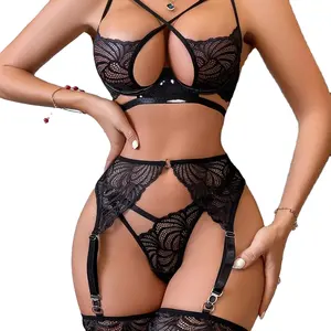 Baju Lingerie renda hitam wanita seksi transparan suspender pakaian dalam Mewah Romantis tembus pandang Bra tembus pandang