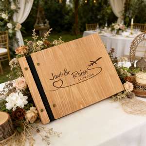 Livre d'or, élégant livre d'or de mariage en bois, décoration de réception, album photo gravé avec nom, souvenir - Product Image 1