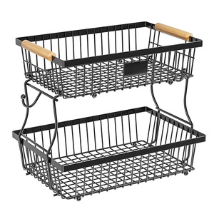Kitchen Counter Fruit Vegetable Storage <strong>Rack</strong>, Two Tier Wire Basket Organizer with Banana Hooks for Fruits <strong>Veggies</strong> Snacks Storage - Product Image 1