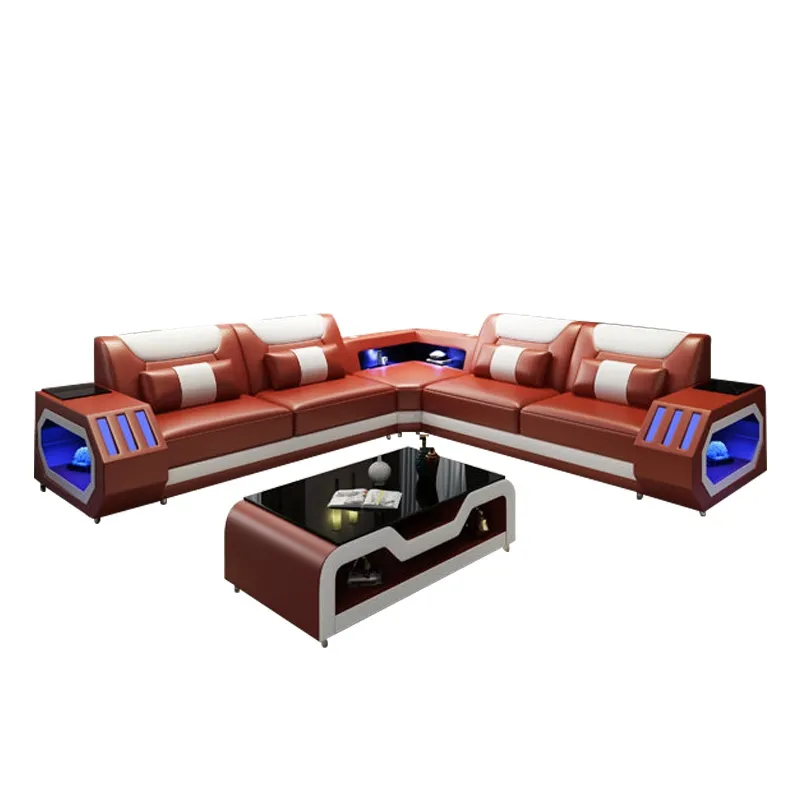 High-tech luxury European sofa living room sofa cover American popular modern leather sofa LED lamp