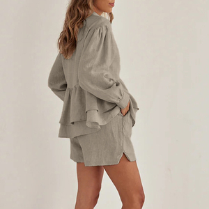 2025 <span class=keywords><strong>vestiti</strong></span> <span class=keywords><strong>estivi</strong></span> in <span class=keywords><strong>cotone</strong></span> kaki a maniche lunghe con volant Top e pantaloncini da donna in due pezzi - Product Image 3