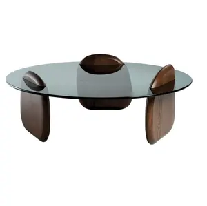 European Modern Minimalist Home Living Room Furniture 8mm-thick <strong>Grey</strong> Glass Round Center <strong>Coffee</strong> <strong>Table</strong> With Solid Ash Wood Legs - Product Image 1