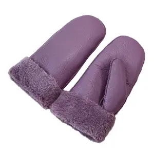 Hiver Femmes Shearling entièrement doux à l'intérieur de la fourrure en cuir de mouton Gants doublés de fourrure Mitaines Gants