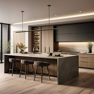 定制豪华别墅U形橱柜高光3D纹理层压板水槽中密度纤维板内置制冷直达 - Product Image 2