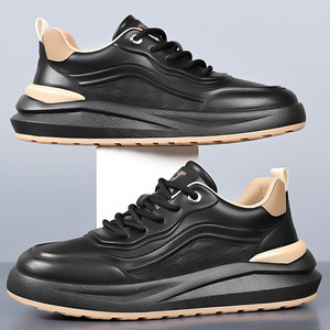 Men's Black Leather Sneakers Low <b>Heel</b> Breathable Rubber Sole Casual Walking Shoes - Product Image 3