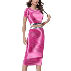 Crop Top & Elastic Waist Midi Skirt Set Two Piece Womens Casual Sets King Young Letter Graphic Striped Round Neck Short Sleeve