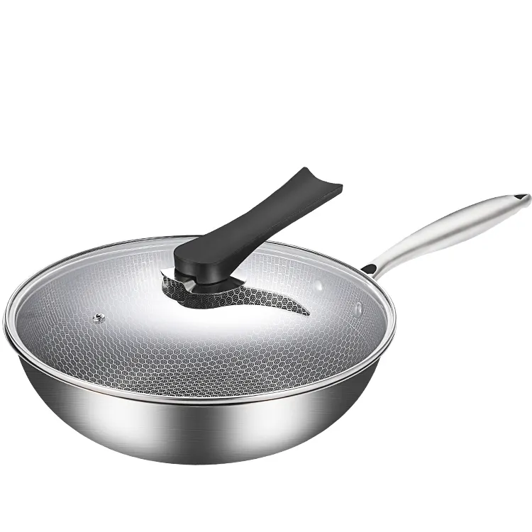 Stock Chinese 410 Stainless Steel Cooking wok fry pan with lid Non-stick Wok Pan Full Screen With Black Cube 32cm 34cm