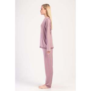 Ensemble de pyjama en lyocell à manches longues pour femmes, col en V, col bateau, dentelle, vêtements de nuit confortables avec un design ovale élégant au dos - Product Image 2