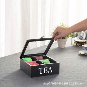 Wooden Tea Box Storage Organizer Rectangular Covered With Compartments For Tea Coffee <b>Sugar</b> <b>Packets</b> Desktop Use - Product Image 5
