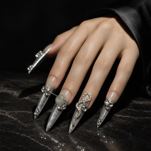 Faux ongles à presser dégradé argenté avec colle, pointes en feuille, strass et cristaux pour doigts - Product Image 5