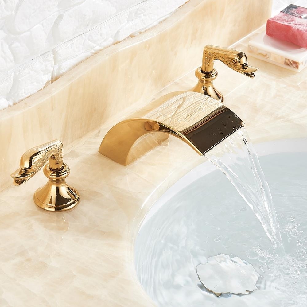 BANGPU Waschbecken-Armatur In Gebürstetem Gold – Wasserfall-Design, 2 Kristallgriffe, 3-Loch-Montage