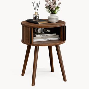 Table de chevet ronde SENYU de style mi-siècle avec portes coulissantes en bois de noyer, pieds coniques, capacité de 33 lb, design moderne, durable - Product Image 2