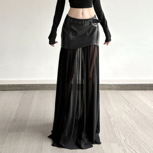 Women's PU Leather Mesh <b>Maxi</b> <b>Skirt</b> Low Waist Belted Patchwork <b>Sheer</b> Long <b>Skirt</b> Sexy Party Evening Clubwear - Product Image 2