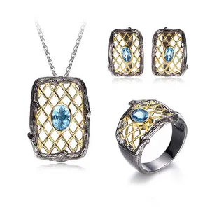 Thiết Kế Mới Nhất Thời Trang Cưới Handmade Blue Topaz Necklace Trang Sức Set Với Earring/Nhẫn