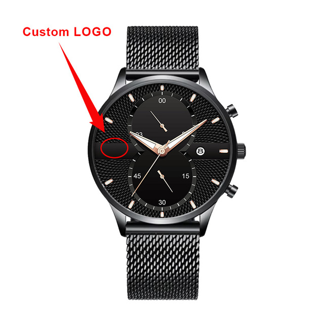 Oem Custom Logo Classic Black Wrist Watches for Luxury Business Date Waterproof Luminous Stainless Steel Men Quartz Wristwatches