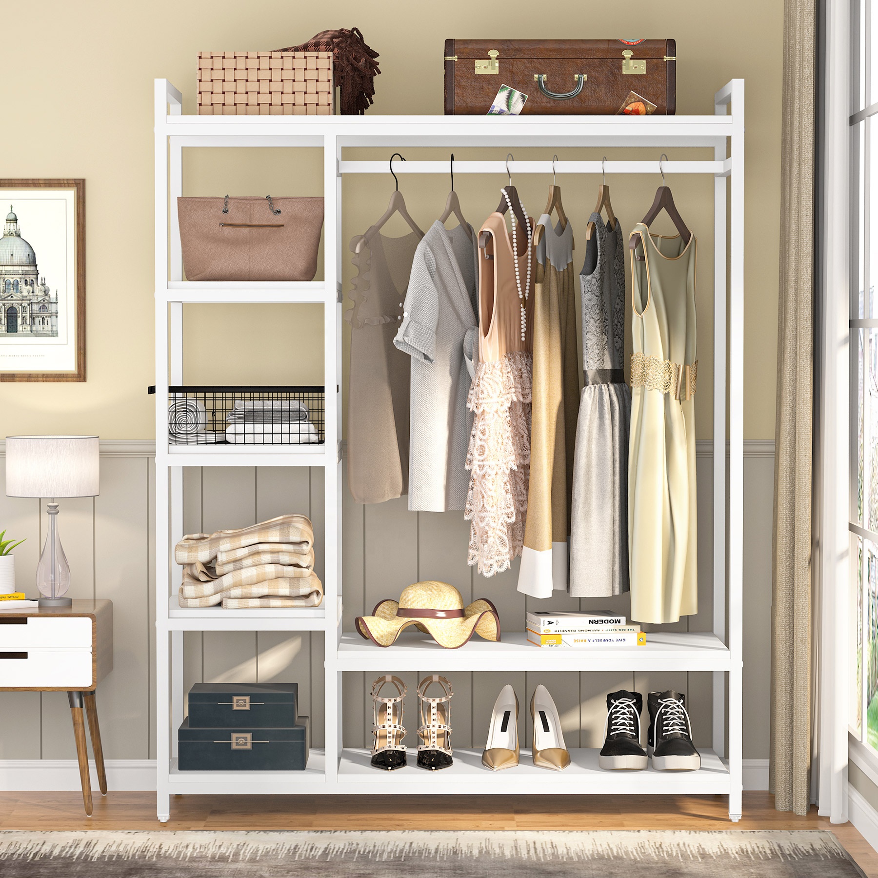 Kledingkast Draagbare Canvas Kasten Planken,Stoffen Kledingkast Organizer voor Slaapkamer,Stoffen Kasten,C-163X45X172cm