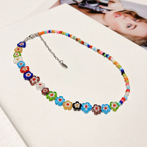 Flower <b>Beaded</b> Necklace Women's Acrylic Resin Colorful Casual Everyday Wearing Jewelry <b>Silver</b> Plated Chain - Product Image 1