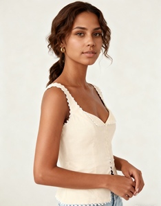 Top sin mangas estilo vintage para mujer, mezcla de algodón y lino, con encaje, patchwork, botones frontales, sin tirantes, a la moda - Product Image 5