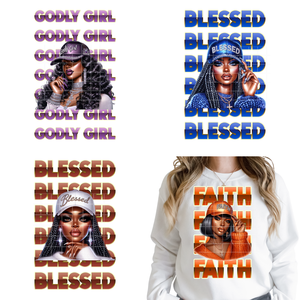 Vinilos Termoadhesivos DTF Lavables <span class=keywords><strong>de</strong></span> Moda para Ropa: Diseño 'Afro Queen' y 'God Faith Believe Christian Girl', Listos para Planchar - Product Image 1