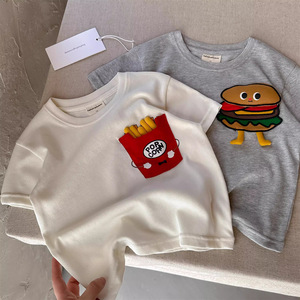 Children's Short Sleeve T-Shirt Off White Gray 3D Fries Burger Cartoon Print Cotton Knitted Summer Wear For Toddlers - Product Image 3