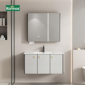 Meubles de salle de bain gris clair texturés en lin avec armoire miroir LED murale et poignées à boutons dorés - Product Image 1