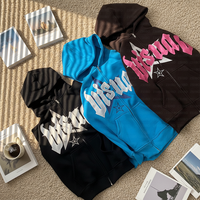Hoodie Zipper-Up Distressed Berbahan Katun dengan Puff Printing untuk Streetwear Musim Dingin, Hoodie Custom