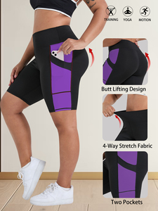 Shorts de sport respirants pour l'été, taille plus, leggings courts, couleur contrastée, shorts de yoga pour femmes, longueur genou avec poches - Product Image 1