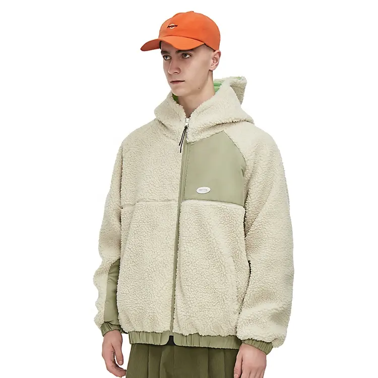 Wholesale anti-static polyester sherpa fleece resin zipper zip up hoodie outdoor men winter hooded jackets