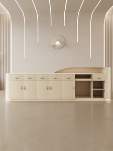 Cream Wabi Sabi Curved Reception <b>Desk</b> with Recessed LED Light Custom for Beauty Salon - Product Image 5