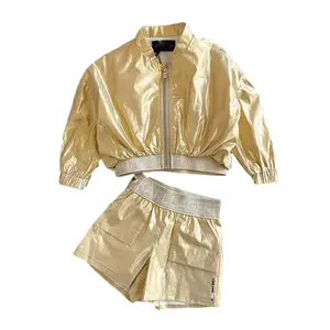 Best New Product Of 2024 Casual Golden Jacket And Shorts 2 Pcs Girl Clothing Set For Summer