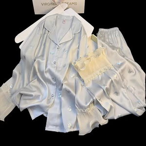 Ensemble de pyjamas en satin brodé personnalisé, basique et régulier, 2 pièces, pyjamas en soie de luxe pour femmes, ensembles de vêtements de nuit pour femmes, pyjamas en satin - Product Image 1