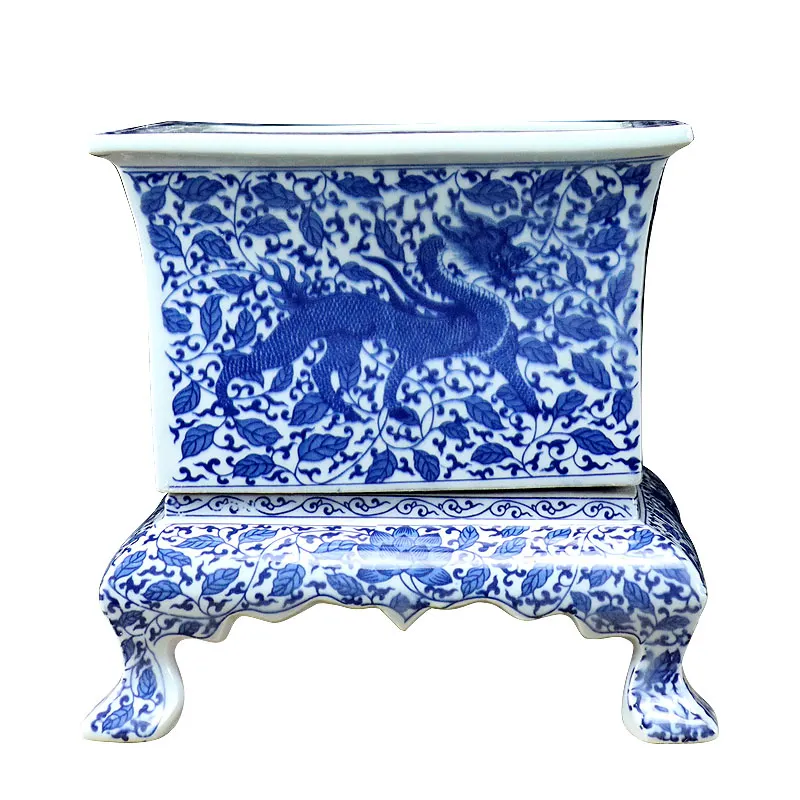 Jingdezhen Ceramic Hand-painted Unicorn Square Blue and White Porcelain Flowerpot Arhat Pine Bonsai Orchid Flower Pot