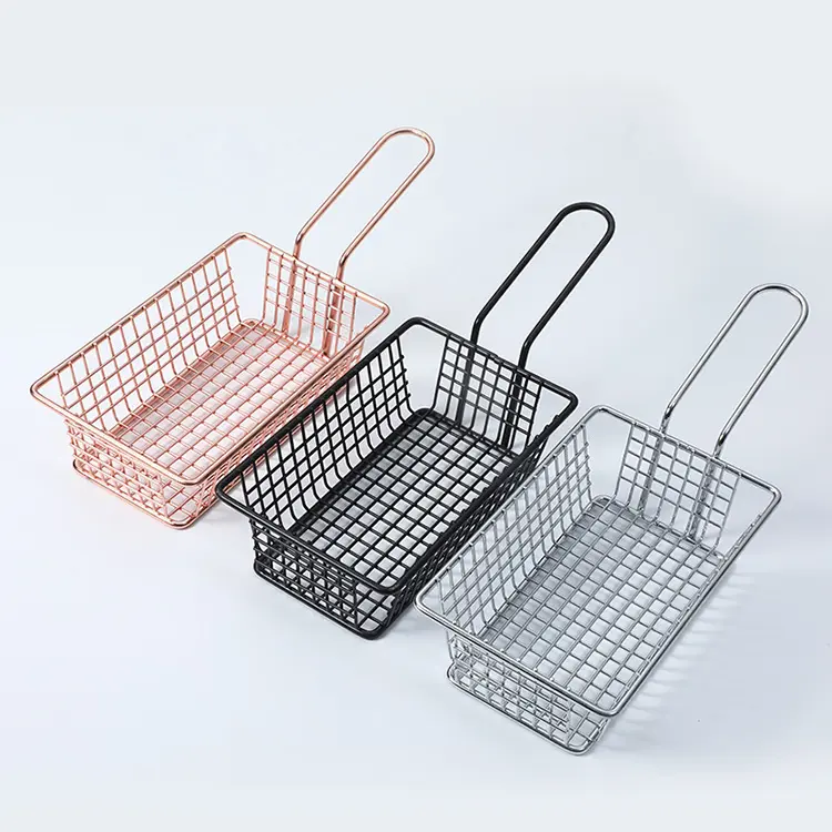 In Stock China Factory Cheap Food Fruits Chips Basket Rectangle Frying Stand Holder Metal Wire Mesh Deep French Fries Basket