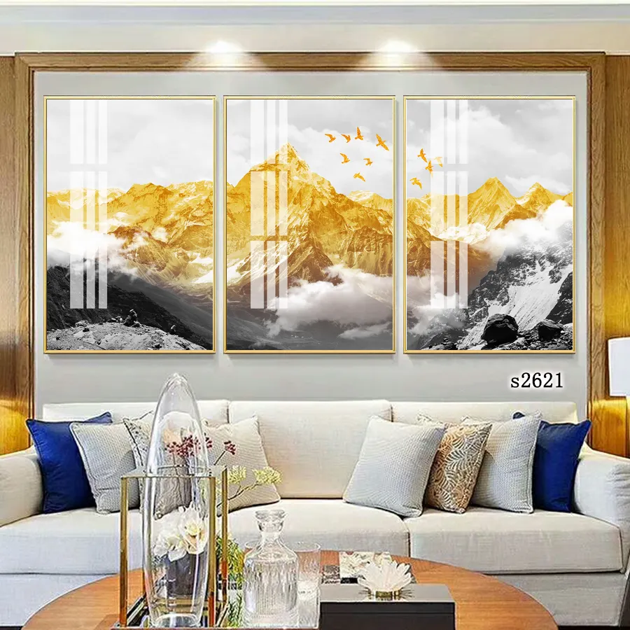 Tela com impressão fotográfica de montanha dourada, 3 painéis de lona com arte de parede de luxo para pintura de paisagem e óleo para decoração caseira
