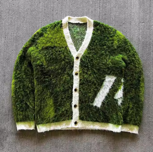 Suéter de Mohair para hombre de Jacquard con cuello en V y manga regular a rayas y logotipo personalizado, cárdigan borroso de otoño - Product Image 3