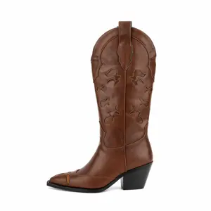 Amerika ve batı stilleri sivri burun nakış kovboy çizmeler tıknaz topuklu büyük boy kadın diz yüksek çizmeler Cowgirls çizmeler
