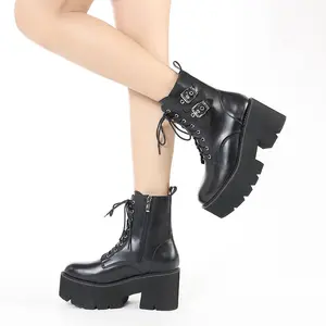 Fashion Women Martin Boots Shoes Hoof Heels Boots Goth Motor Style Black Leather Thick Sole Platform Ankle Boots For Girls