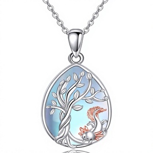 Collana con Ciondolo Albero della Vita in Argento Sterling S925 con Pietra di Luna, Disegni Gatto/Lupo/Gufo/Volpe/Nettuno/Uccello Colibrì/Angelo per Donne e Ragazze - Product Image 1