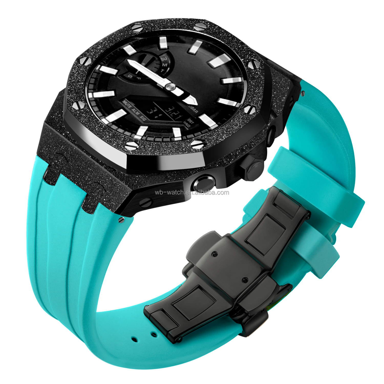 Boîtier noir givré + bracelet en silicone bleu Tiffany