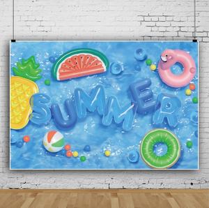 <span class=keywords><strong>Piscine</strong></span> fête toile de fond été balles de plage enfants anniversaire gâteau Table fond hawaïen Tropical bouée de sauvetage natation bannière fournitures - Product Image 5