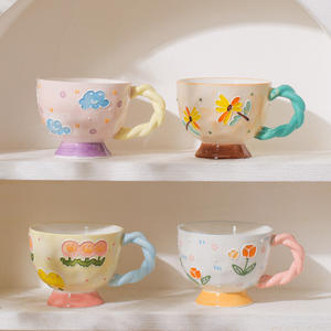 Tazas de café de cerámica bonitas con flores pintadas a mano creativas al por mayor, <span class=keywords><strong>taza</strong></span> de leche de cerámica en relieve grande personalizada, tazas de desayuno, <span class=keywords><strong>taza</strong></span> de avena - Product Image 4