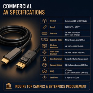 Câble vidéo DP vers HDTV commercial de 1,8 m (6 pieds) avec verrouillage par bouton-poussoir pour projecteur multimédia de salle de classe - Product Image 4