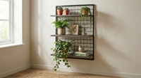 Étagères murales flottantes industrielles modernes à 3 niveaux en bois d'acacia et grille métallique noire pour plantes et pots de fleurs - Maison et Jardin