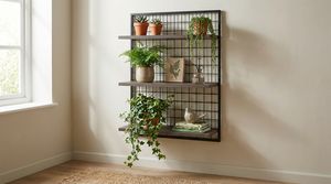 Étagères murales flottantes industrielles modernes à 3 niveaux en bois rustique et grille métallique noire pour plantes et pots de fleurs - Product Image 3