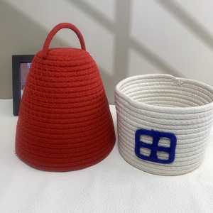 Cotton Woven Basket House Shape With Lid Desktop Storage White Red Roof Covered Standing Type - Product Image 3